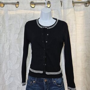 White House Black Market Black Cardigan with White Accents And Matching Shirt